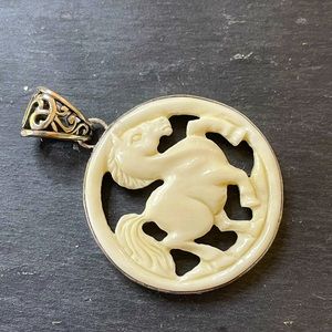 Carved Bone Prancing Horse in Sterling